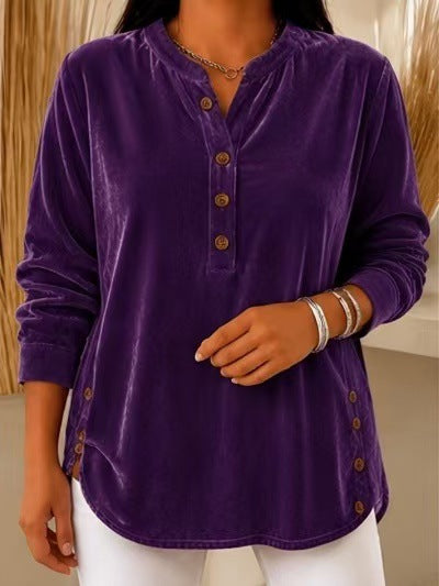 💙 Women’s Casual Velvet Henley Top Long Sleeve Button Detail Loose Blouse