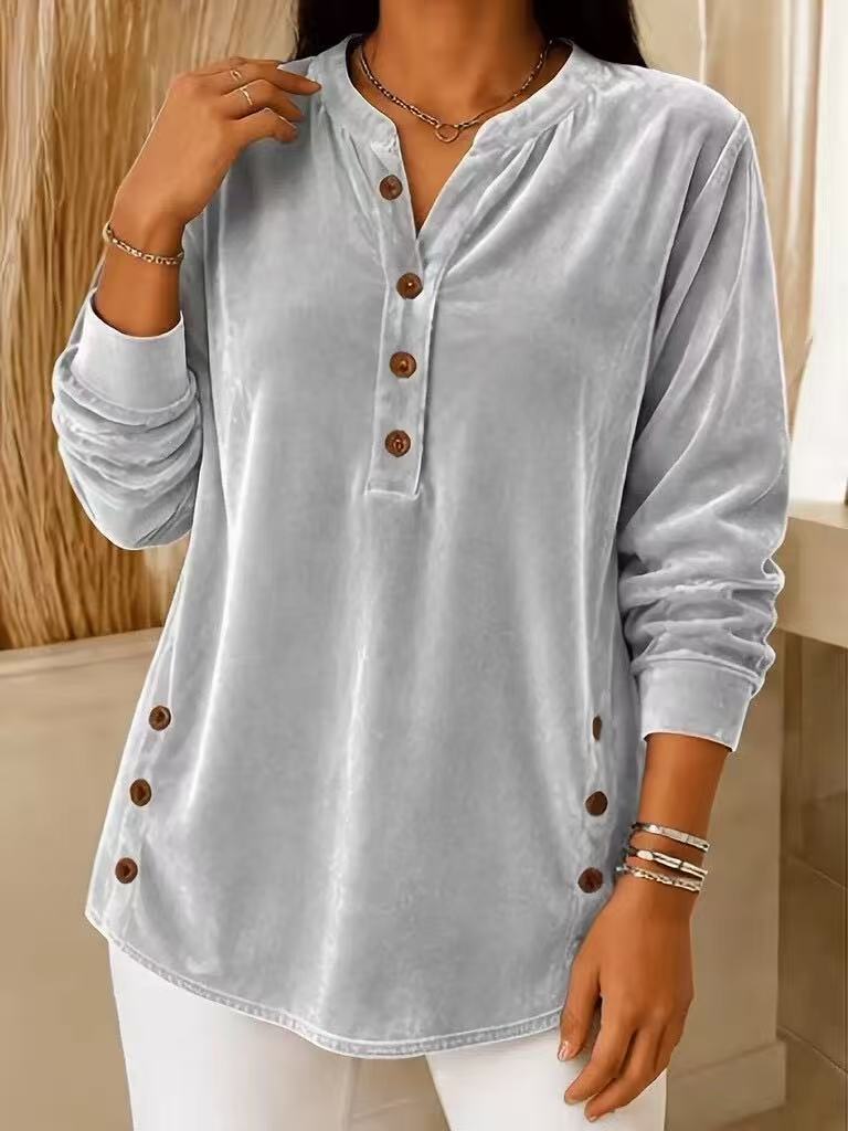 💙 Women’s Casual Velvet Henley Top Long Sleeve Button Detail Loose Blouse