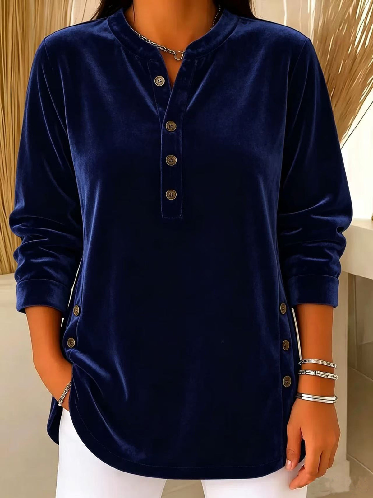 💙 Women’s Casual Velvet Henley Top Long Sleeve Button Detail Loose Blouse