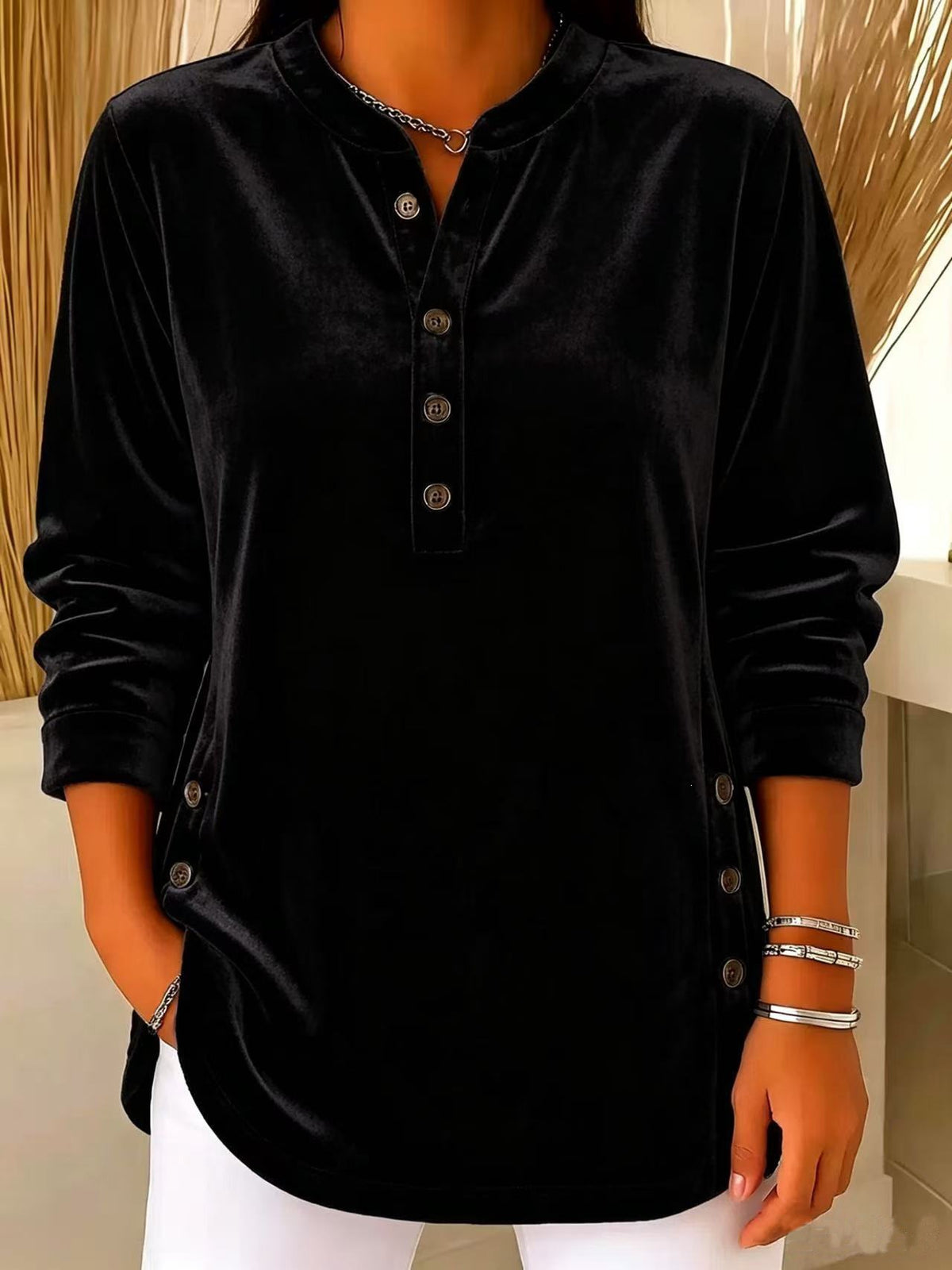 💙 Women’s Casual Velvet Henley Top Long Sleeve Button Detail Loose Blouse