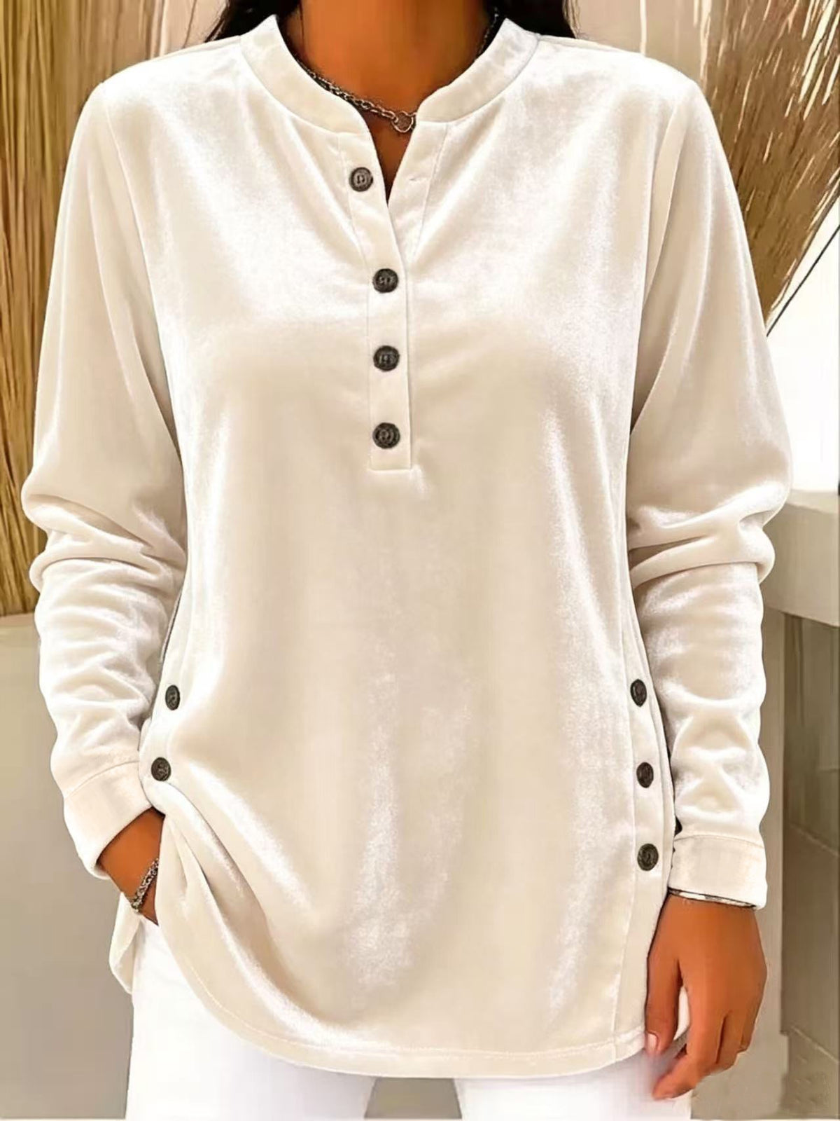 💙 Women’s Casual Velvet Henley Top Long Sleeve Button Detail Loose Blouse