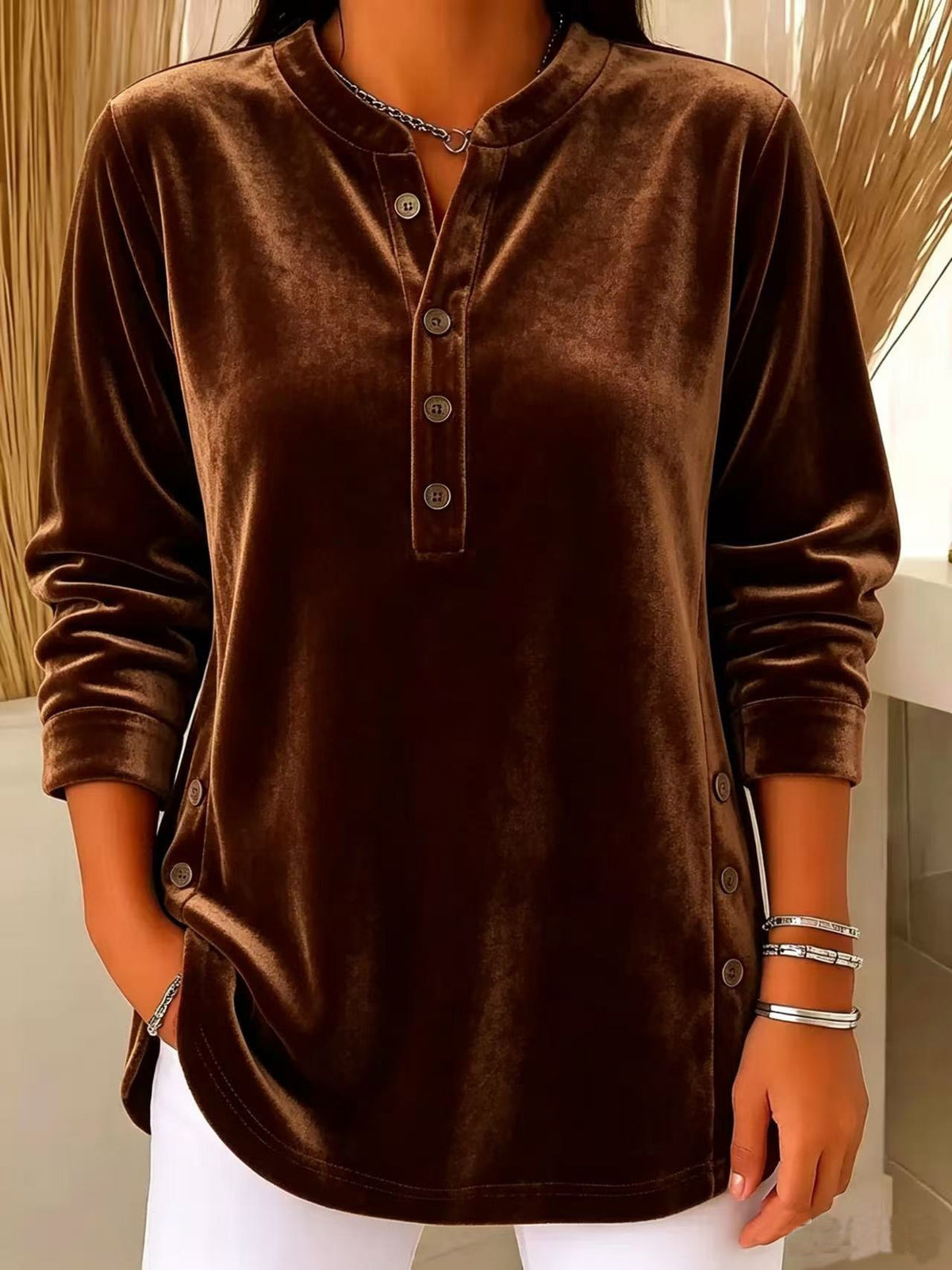 💙 Women’s Casual Velvet Henley Top Long Sleeve Button Detail Loose Blouse