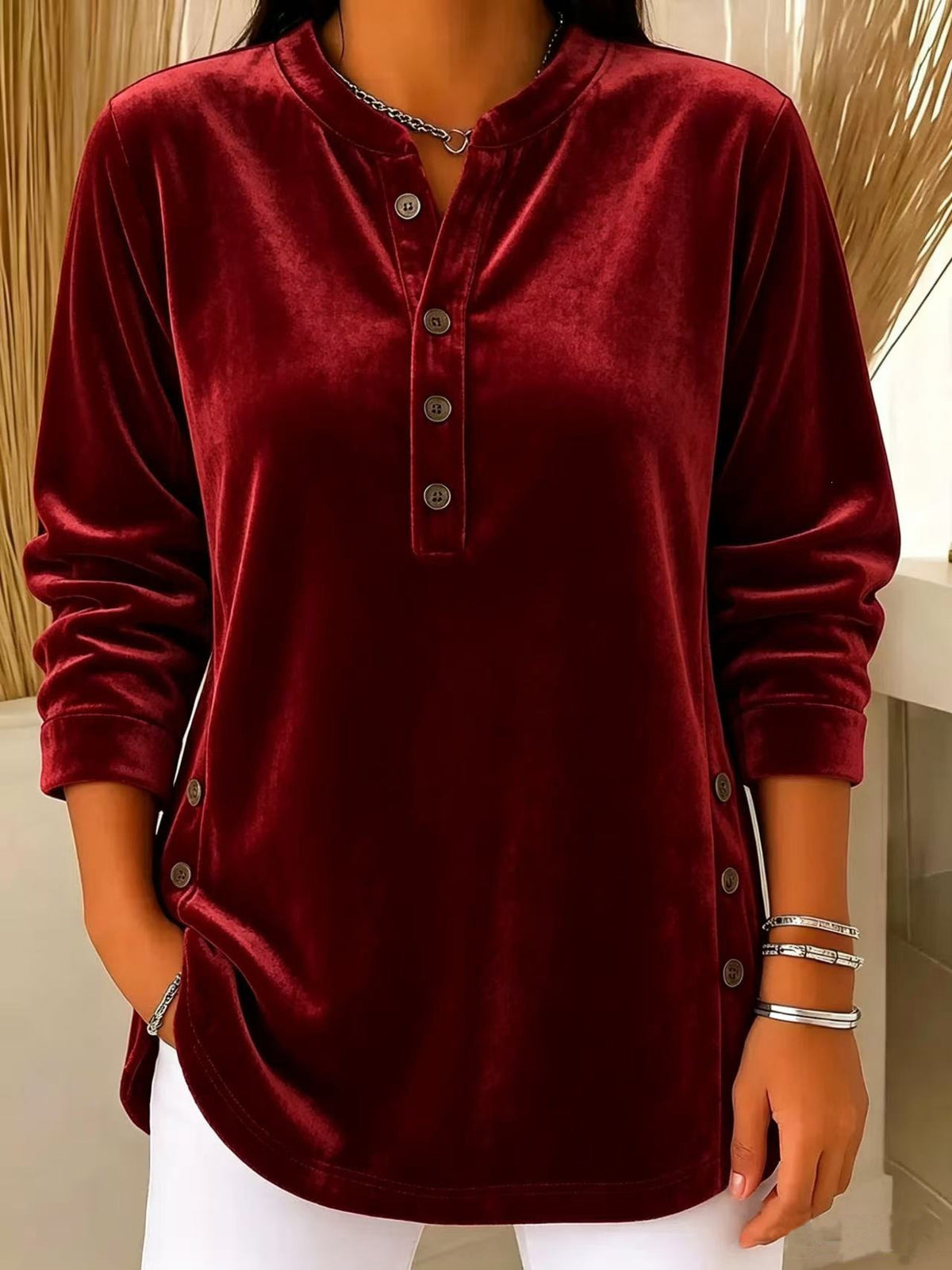 💙 Women’s Casual Velvet Henley Top Long Sleeve Button Detail Loose Blouse