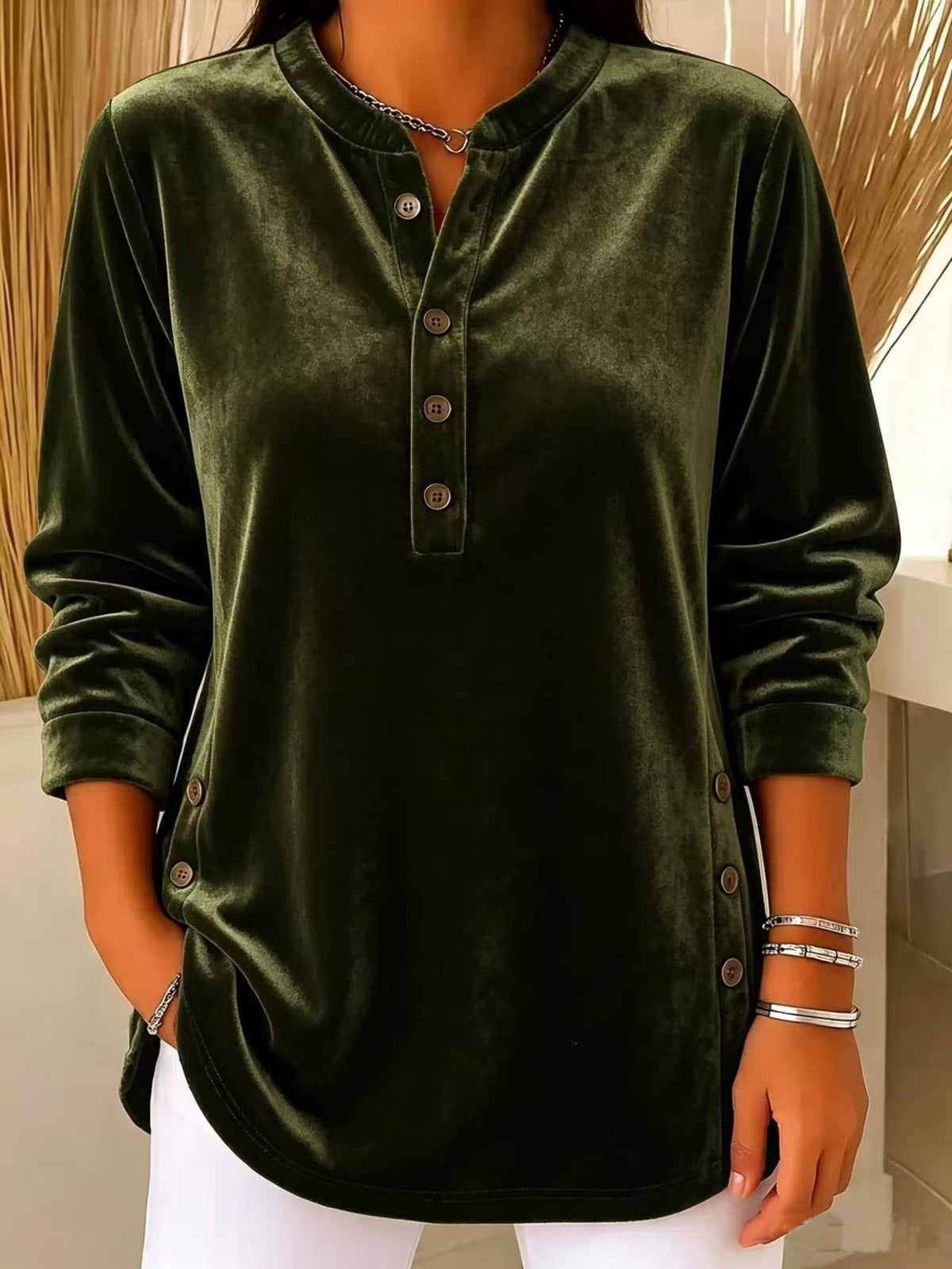 💙 Women’s Casual Velvet Henley Top Long Sleeve Button Detail Loose Blouse