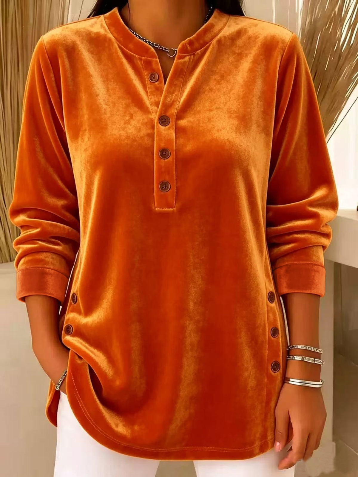 💙 Women’s Casual Velvet Henley Top Long Sleeve Button Detail Loose Blouse