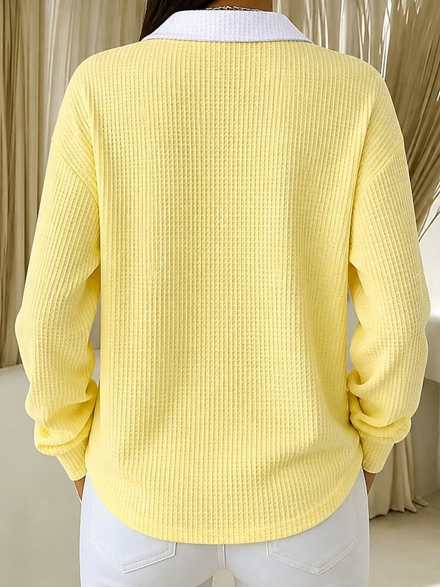 🔥Red Half Zip Collared Waffle Knit Sweatshirt