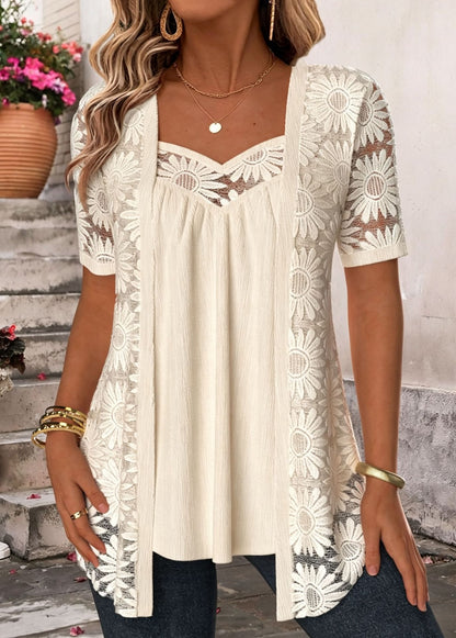 50% OFF🔥 Patterned Lace Mesh Hollow Faux Two Piece Top Elegant Short Sleeve Tunic Blouse
