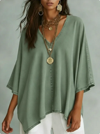 Women’s Relaxed V-Neck Chambray Blouse – Loose Fit & Plus-Size Friendly
