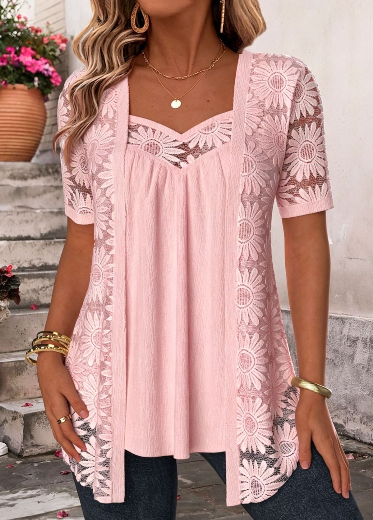 50% OFF🔥 Patterned Lace Mesh Hollow Faux Two Piece Top Elegant Short Sleeve Tunic Blouse