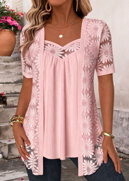 50% OFF🔥 Patterned Lace Mesh Hollow Faux Two Piece Top Elegant Short Sleeve Tunic Blouse