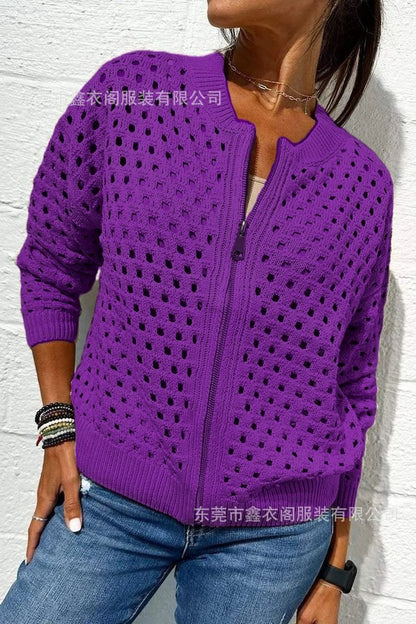 Women’s Casual Hollow Knitwear Zipper Jacket, Crochet Fishnet Knit Shrugs Sweater Jacket Lightweight Cardigans Sweater