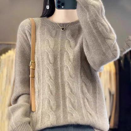 Women’s 100% Mongolian Cashmere Sweater – Classic Crew Neck, Thick Knit Pullover