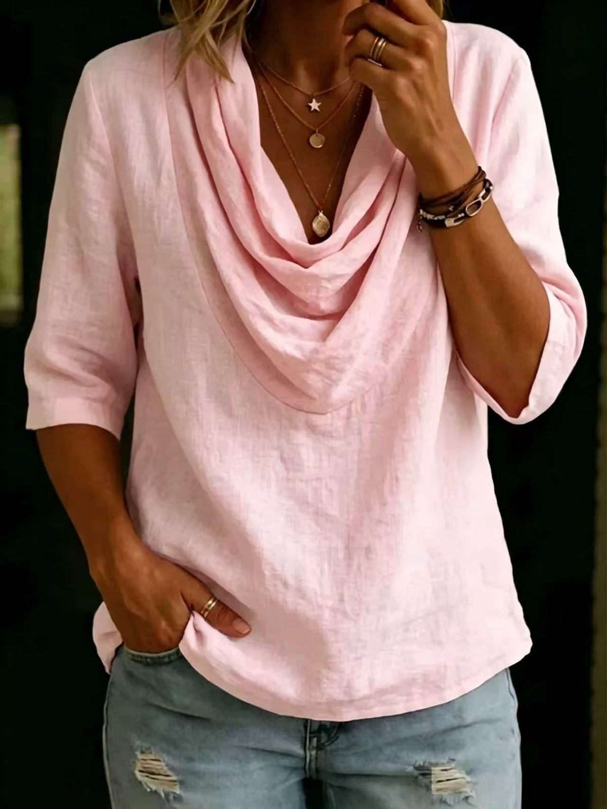 Cowl Neck Shirts for Women 3/4 Sleeve Comfy Casual Cotton Linen Tee Tops Summer Beach Boho Vacation Blouses