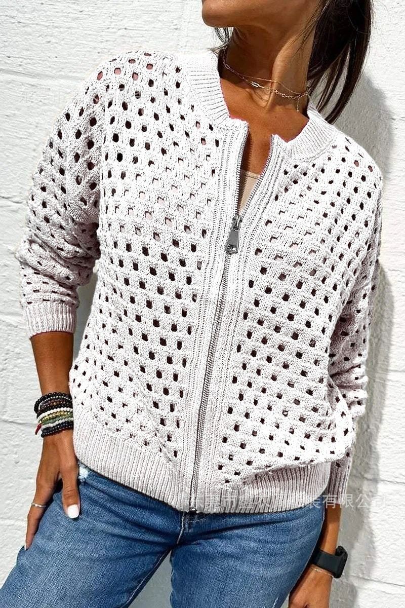 Women’s Casual Hollow Knitwear Zipper Jacket, Crochet Fishnet Knit Shrugs Sweater Jacket Lightweight Cardigans Sweater