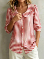New Arrivals🔥 Women's Retro Peter Pan Collar Striped Cotton Linen Shirt