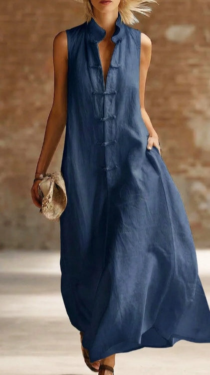【Free Shipping on 2 items.】Women's Loose-Fit Stand-Collar Linen-Cotton Dress