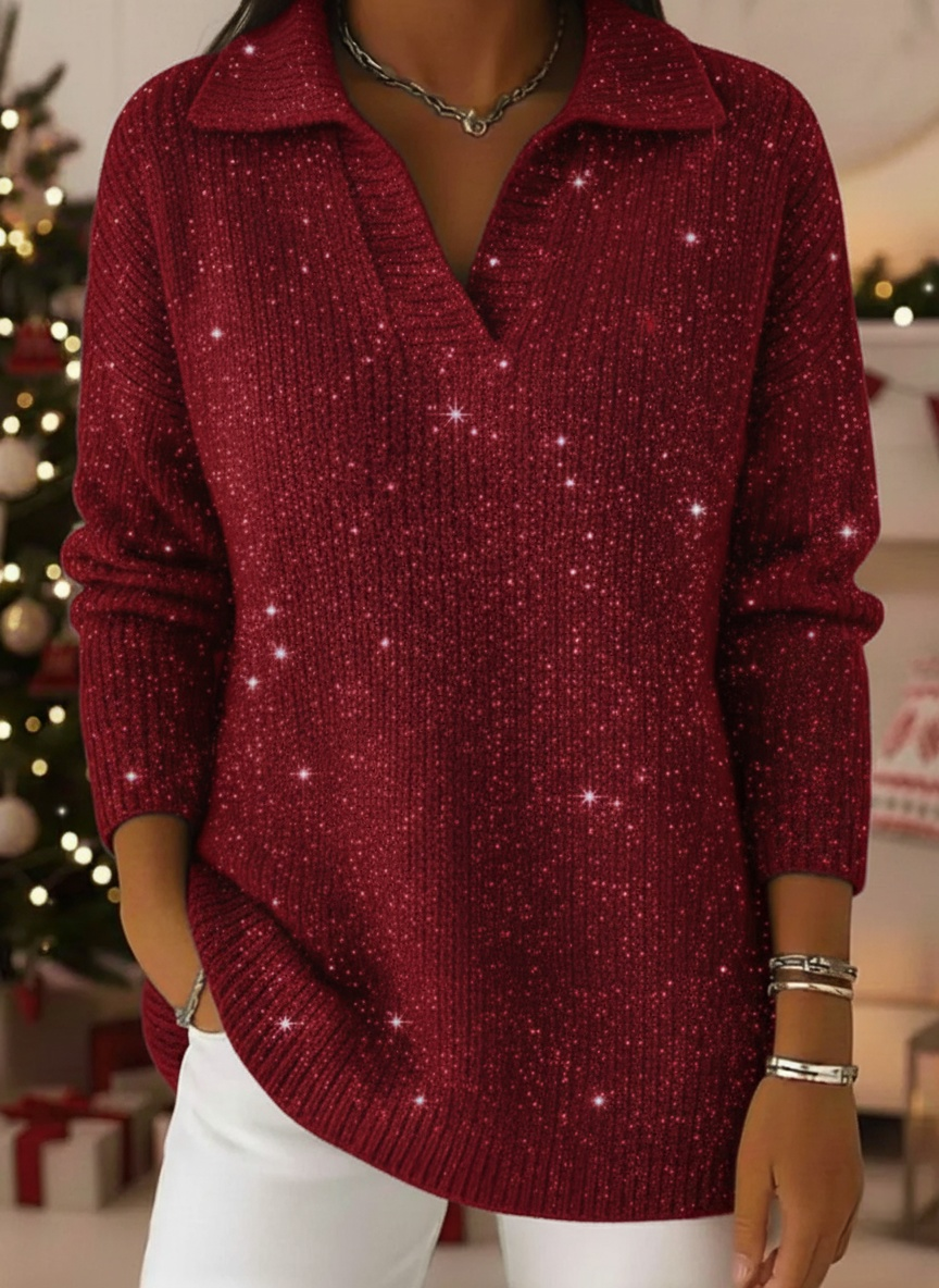✨ New Year Ready | Elegant Polo Collar Shiny Loose Sweater Top