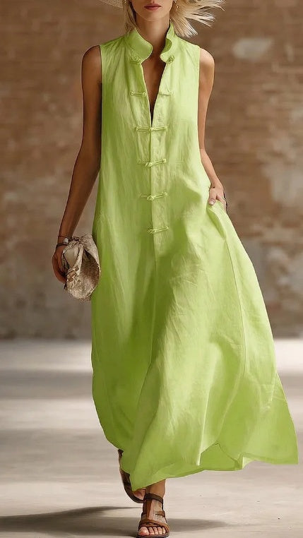 【Free Shipping on 2 items.】Women's Loose-Fit Stand-Collar Linen-Cotton Dress