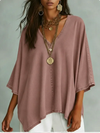 Women’s Relaxed V-Neck Chambray Blouse – Loose Fit & Plus-Size Friendly