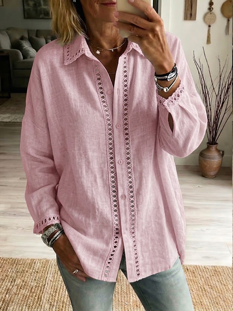 Women's Linen Cotton Shirt Lace Hollow Out Long Sleeve Button Down Collared Blouse