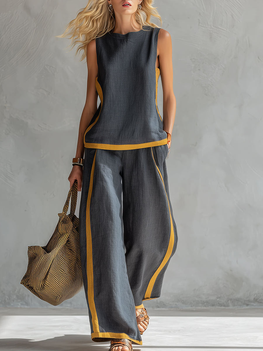 Women’s Cotton Linen Sleeveless Wide-Leg Two-Piece Set