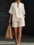 Plus Size Friendly Minimalist Cozy V-neck Shirt And Shorts Linen Cotton Two-piece Set