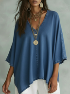 Women’s Relaxed V-Neck Chambray Blouse – Loose Fit & Plus-Size Friendly