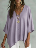 Women’s Relaxed V-Neck Chambray Blouse – Loose Fit & Plus-Size Friendly