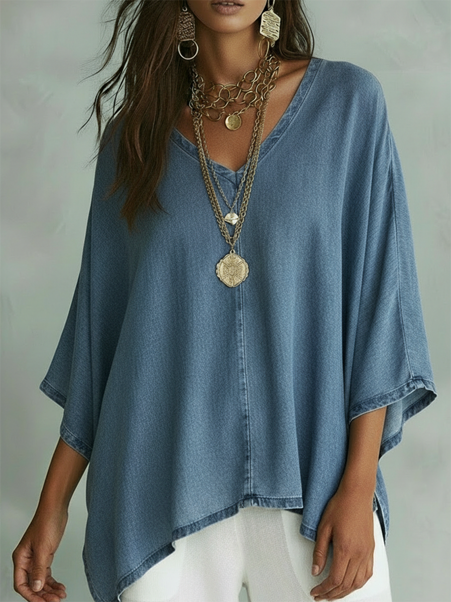 Women’s Relaxed V-Neck Chambray Blouse – Loose Fit & Plus-Size Friendly