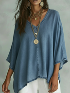 Women’s Relaxed V-Neck Chambray Blouse – Loose Fit & Plus-Size Friendly