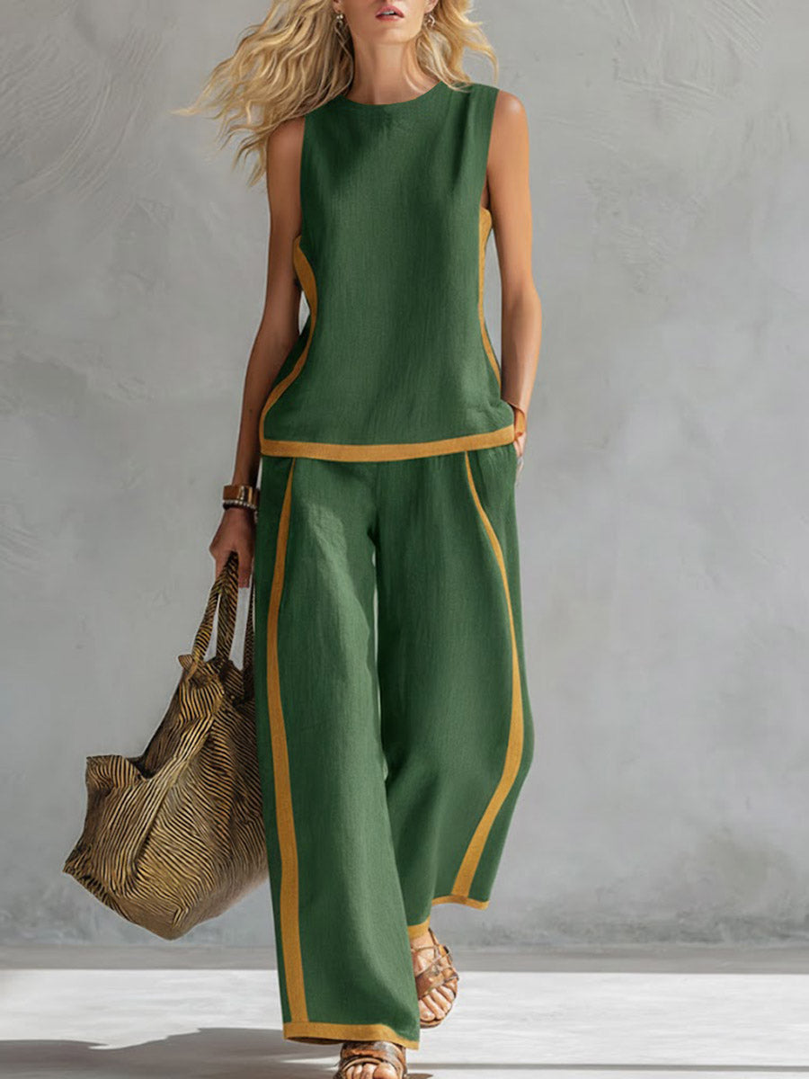 Women’s Cotton Linen Sleeveless Wide-Leg Two-Piece Set