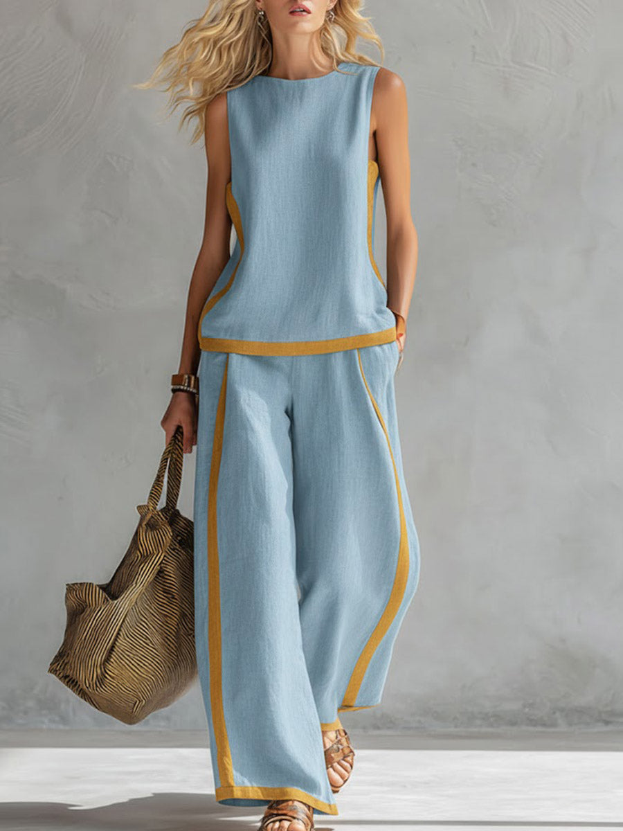 Women’s Cotton Linen Sleeveless Wide-Leg Two-Piece Set