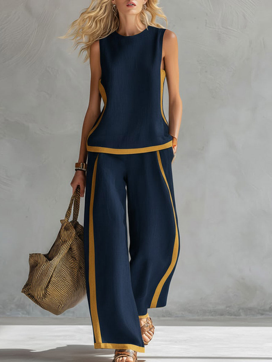 Women’s Cotton Linen Sleeveless Wide-Leg Two-Piece Set
